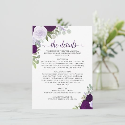 Carte D'accompagnement Dusty Purple & Plum Rose Rustic Mariage Détails (Debout devant)