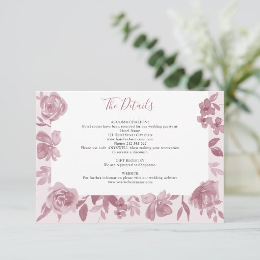 Carte D'accompagnement Dusty Rose Aquarelle Floral Détails du Mariage (Debout devant)