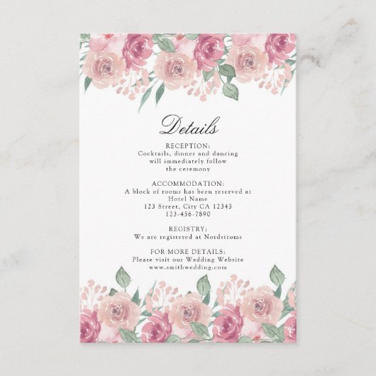 Carte D'accompagnement Dusty Rose Blush Floral Détails du Mariage (Devant)
