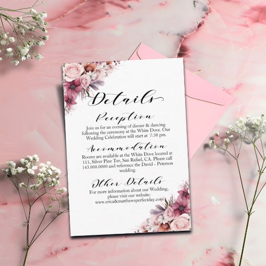 Carte D'accompagnement Dusty rose Floral moderne Script Détails Mariage