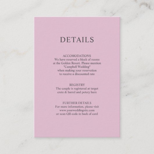 Carte D'accompagnement Dusty Rose Mauve QR code Mariage DÉTAILS (Devant)