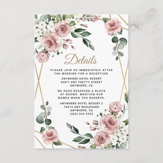 Carte D'accompagnement Dusty Rose rose et or Floral Mariage (Devant)