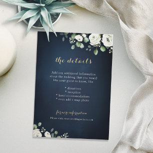 Carte D'accompagnement Ecriture or marine blanc détails mariage floral