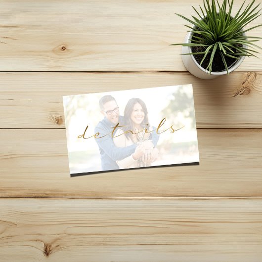 Carte D'accompagnement Effet or script, vos détails de mariage en photo