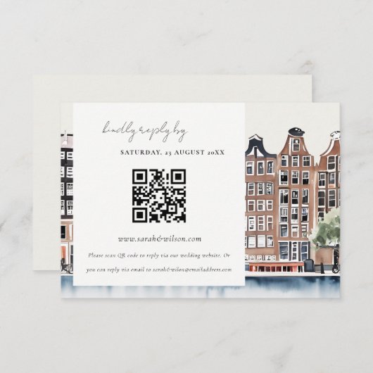 Carte D'accompagnement Elégant Amsterdam Dutch Canal Mariage QR Code RSVP (Devant / Derrière)