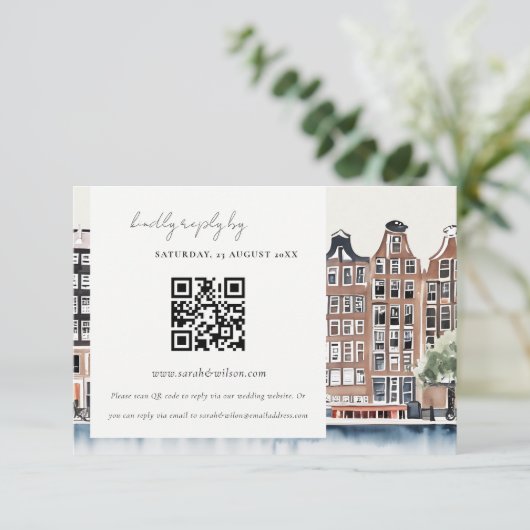 Carte D'accompagnement Elégant Amsterdam Dutch Canal Mariage QR Code RSVP (Debout devant)