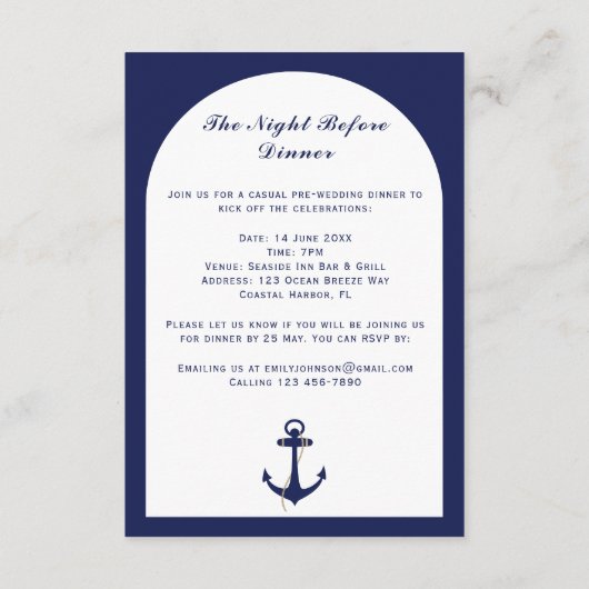 Carte D'accompagnement Elegant Arch Navy & White Nautical Mariage Détails (Dos)