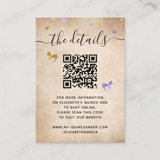 Carte D'accompagnement Élégant Beurre d'or violet clair RSVP QR Code (Devant)