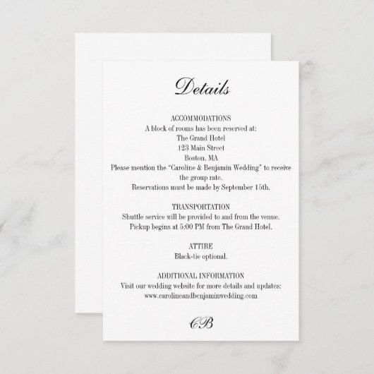 Carte D'accompagnement Elegant Black and White Script Monogram Wedding (Devant / Derrière)