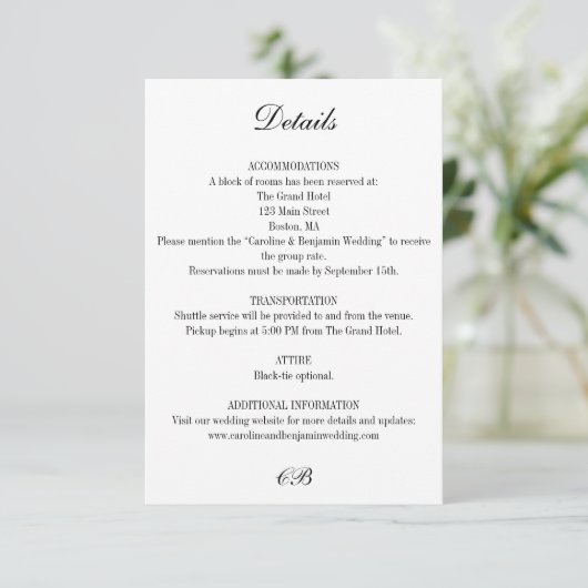 Carte D'accompagnement Elegant Black and White Script Monogram Wedding (Debout devant)