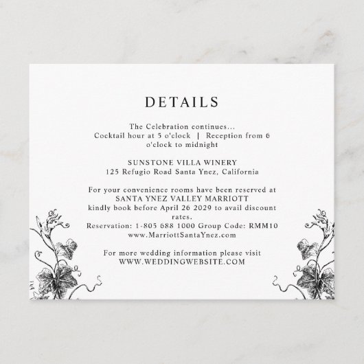 Carte D'accompagnement Elegant Black Botanical Feuille Détails du Mariage (Devant)