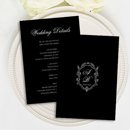 Carte D'accompagnement Elegant Black Floral Crest Monogram Script Wedding
