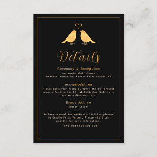 Carte D'accompagnement Elegant Black & Gold Birds Détails du Mariage