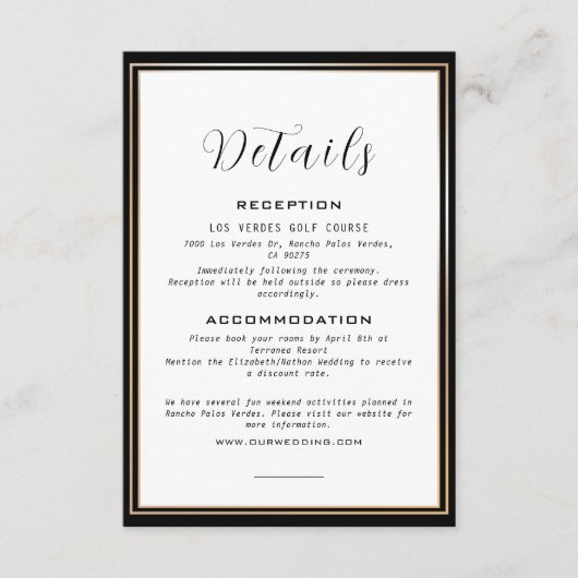 Carte D'accompagnement Elegant Black & Gold Frame Mariage Détails (Devant)