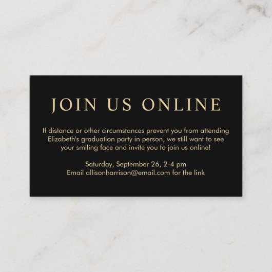 Carte D'accompagnement Elégant Black Gold Online Virtual Graduation Party (Devant)