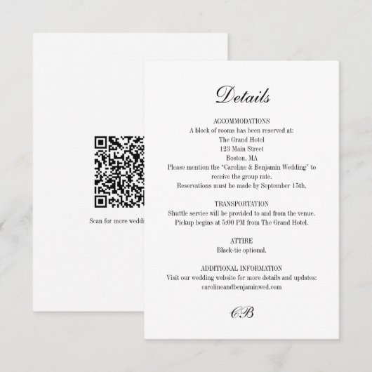 Carte D'accompagnement Elegant Black White Script Monogram QR Wedding (Devant / Derrière)