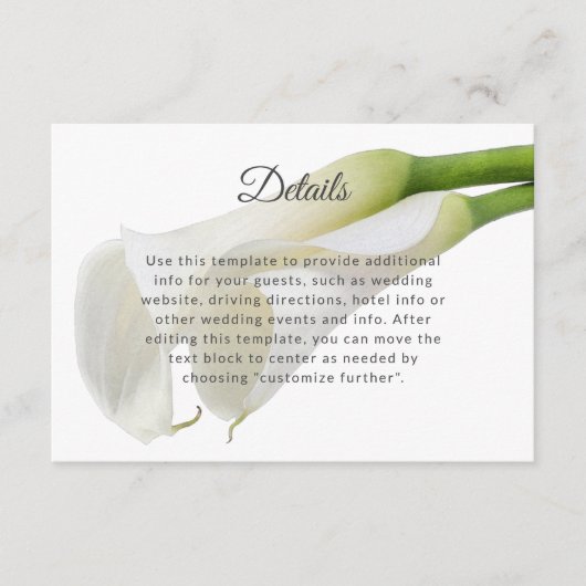 Carte D'accompagnement Elégant Blanc Calla Lilies Détails du Mariage Info (Devant)