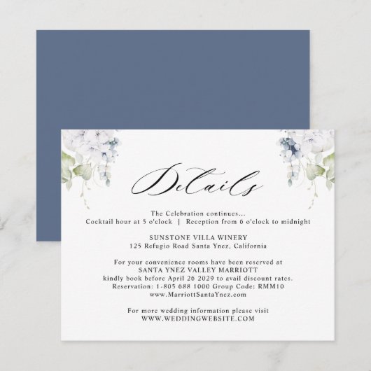 Carte D'accompagnement Elégant blanc et bleu marine Détails du Mariage fl (Devant / Derrière)