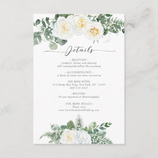 Carte D'accompagnement Elégant blanc et fleurs vertes Détails du Mariage (Devant)