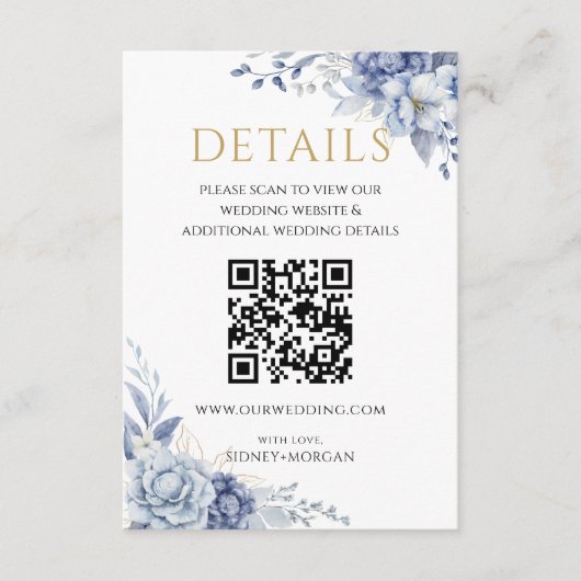 Carte D'accompagnement Elégant bleu bleu floral mariage QR code Détails (Devant)