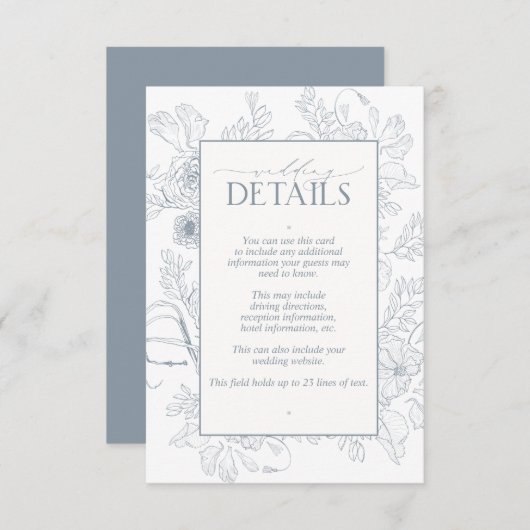Carte D'accompagnement Elégant bleu Dusty Floral Line Art Mariage Détails (Devant / Derrière)