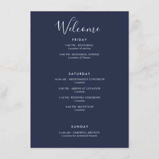 Carte D'accompagnement Elégant bleu marine moderne Accueil Itinéraire (Devant)