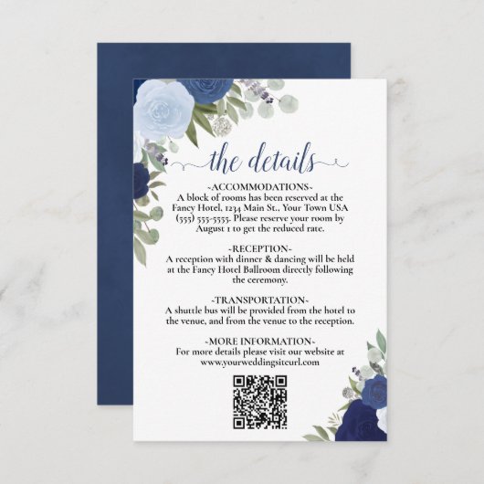 Carte D'accompagnement Elegant Blue Boho Rose Détails Mariage QR Code (Devant / Derrière)