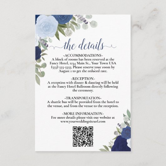 Carte D'accompagnement Elegant Blue Boho Rose Détails Mariage QR Code (Devant)