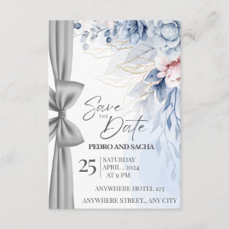 Carte D'accompagnement Elegant Blue Floral Save The Date Card with Silver
