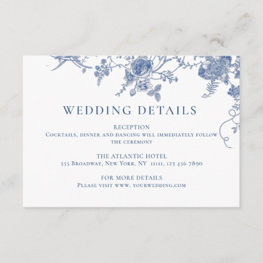 Carte D'accompagnement Elégant Blue French Garden Floral Détails Mariage (Devant)