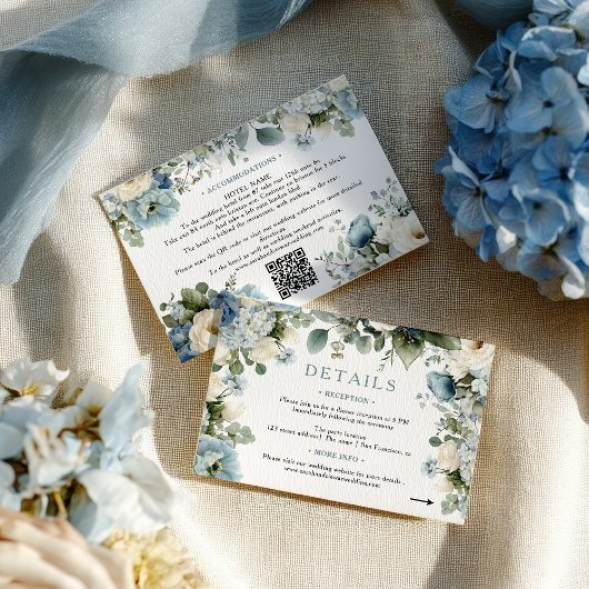 Carte D'accompagnement Elégant Blue Hydrangea Ivory Rose Détails Mariage