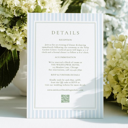 Carte D'accompagnement Elegant Blue Stripes Sage Wedding Details Card