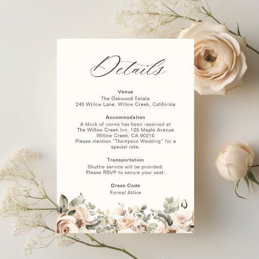 Carte D'accompagnement Elegant Blush Floral Wedding Details