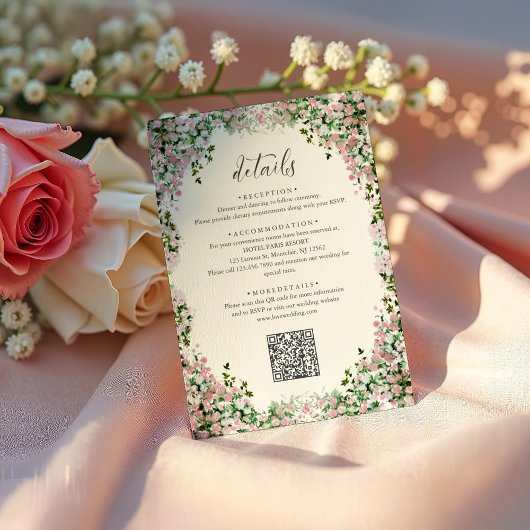 Carte D'accompagnement Elegant Blush Garden Wedding Details with QR code