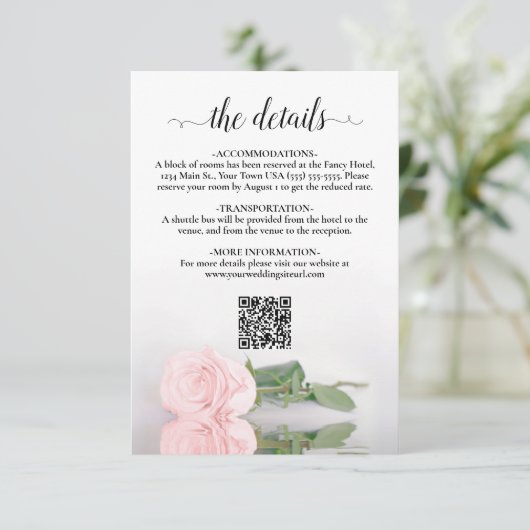 Carte D'accompagnement Elegant Blush Rose Détails du Mariage QR Code (Debout devant)