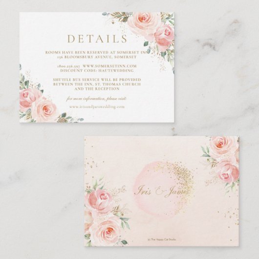 Carte D'accompagnement Elégant Blush Rose Floral Gold Détails du Mariage (Devant / Derrière)