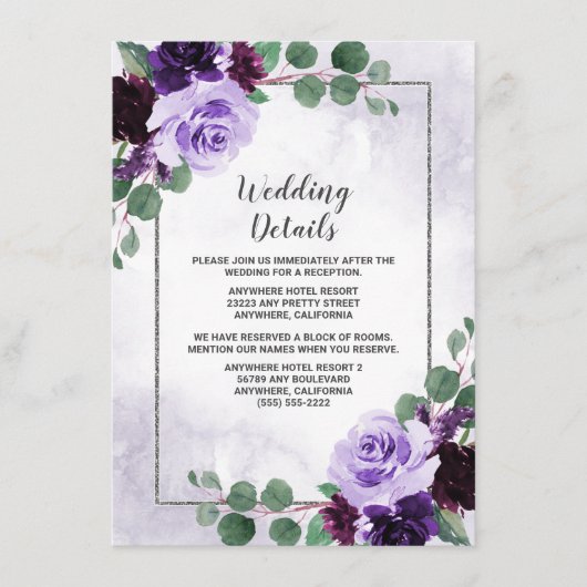 Carte D'accompagnement Elégant Boho Airy Floral Purple et Mariage Argent (Devant)