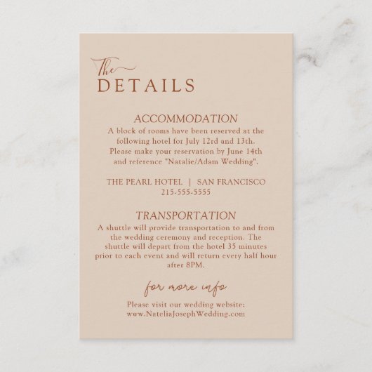 Carte D'accompagnement Elegant Boho Terracotta Moderne Détails Mariage (Devant)