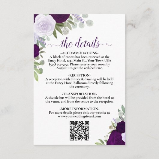 Carte D'accompagnement Elegant Boho violet Rose Détails Mariage QR Code (Devant)