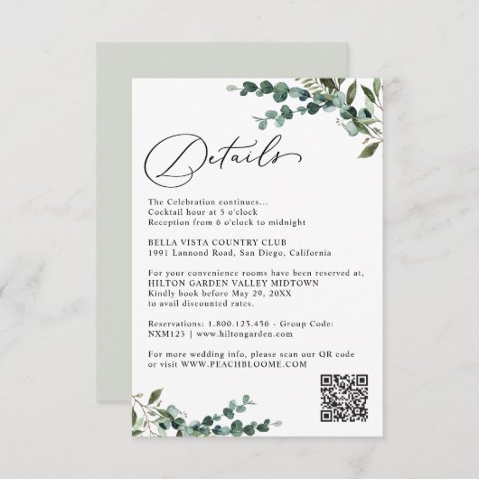 Carte D'accompagnement Elegant Botanical Greenery QR Code Wedding Details (Devant / Derrière)