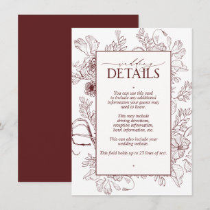 Carte D'accompagnement Elégant Bourgogne Floral Line Art Détails Mariage