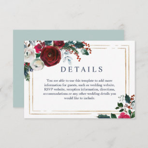 Carte D'accompagnement Elegant Bourgogne Winter Roses Détails Mariage