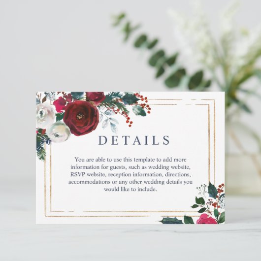 Carte D'accompagnement Elegant Bourgogne Winter Roses Détails Mariage (Debout devant)