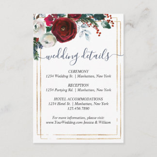 Carte D'accompagnement Elegant Bourgogne Winter Roses Détails Mariage