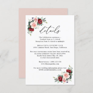 Carte D'accompagnement Elégant Burgundy Blush Floral Détails du Mariage