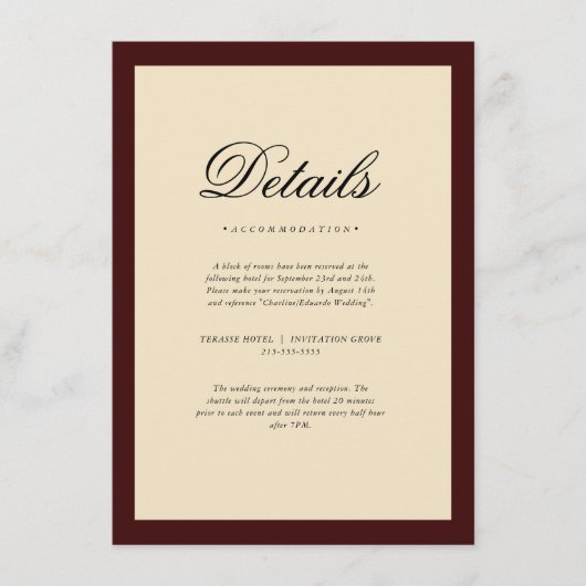 Carte D'accompagnement Elegant Burgundy Frame Wedding Details (Devant)