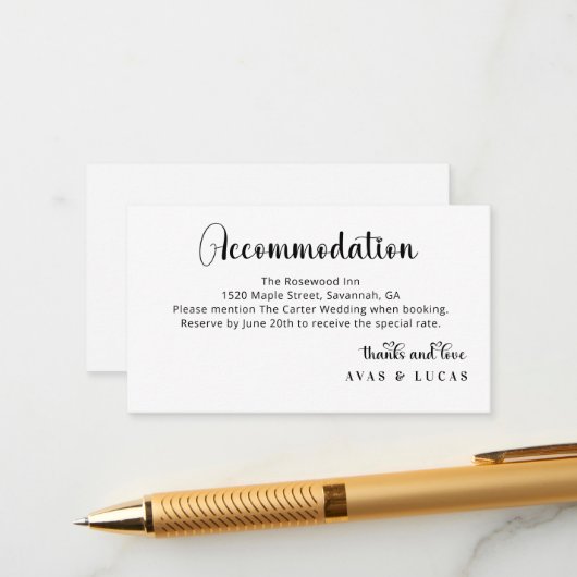 Carte D'accompagnement Elegant Calligraphy Script Wedding Accommodations (Devant/Arrière en situation)