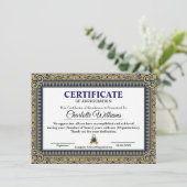 Carte D'accompagnement Elegant Certificate of Appreciation Blue Gold (Debout devant)
