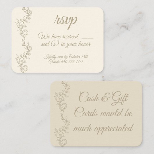 Carte D'accompagnement Elégant Champagne Nombre de sièges RSVP Cadeaux en (Devant / Derrière)