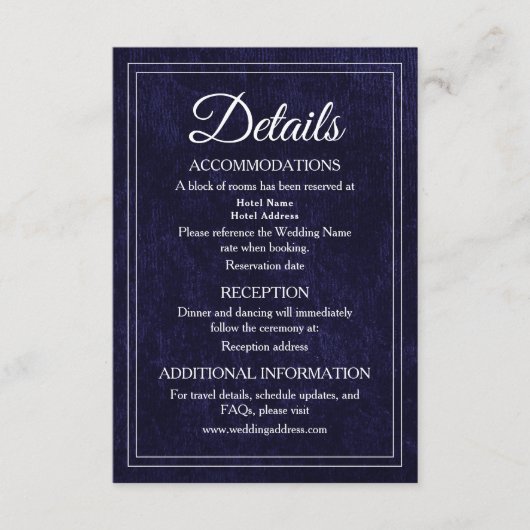 Carte D'accompagnement Elegant Classic Navy Blue Velvet Wedding Details (Devant)